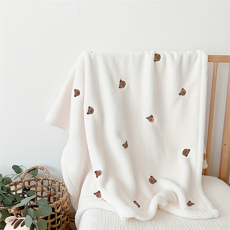 cozy   bear embroidered warm blanket soft polyester white details 0