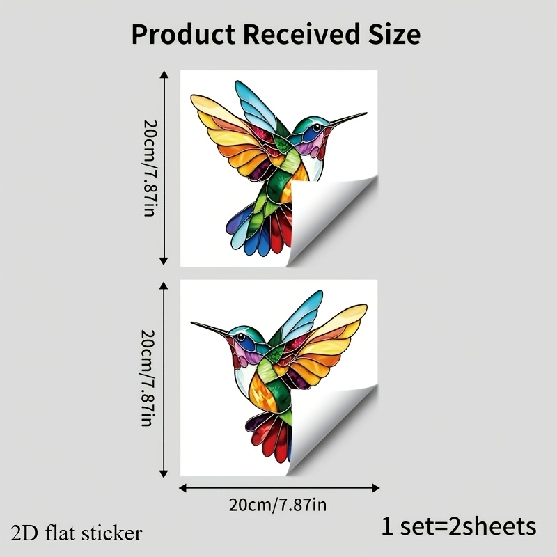 TEMU 2d Flat - 2d Flat - 2d Stained Glass Art Hummingbird Static Window Clings, 2 Pack Colorful Splicing Hummingbird Decals, No Glue Electrostatic
