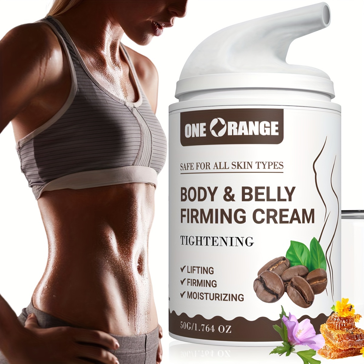 2pcs * 50G ONE ORANGE Unisex Adult Body & Abdomen Firming Cream, Body Moisturizing Massage Cream, Fresh Scented, Alcohol Free, with Jojoba Oil, Vitamin E, Hyaluronic Acid, Caffeine, Honey, for Neck, Arms, Legs, Abdomen, Hips, Thighs, Drying Skin Care