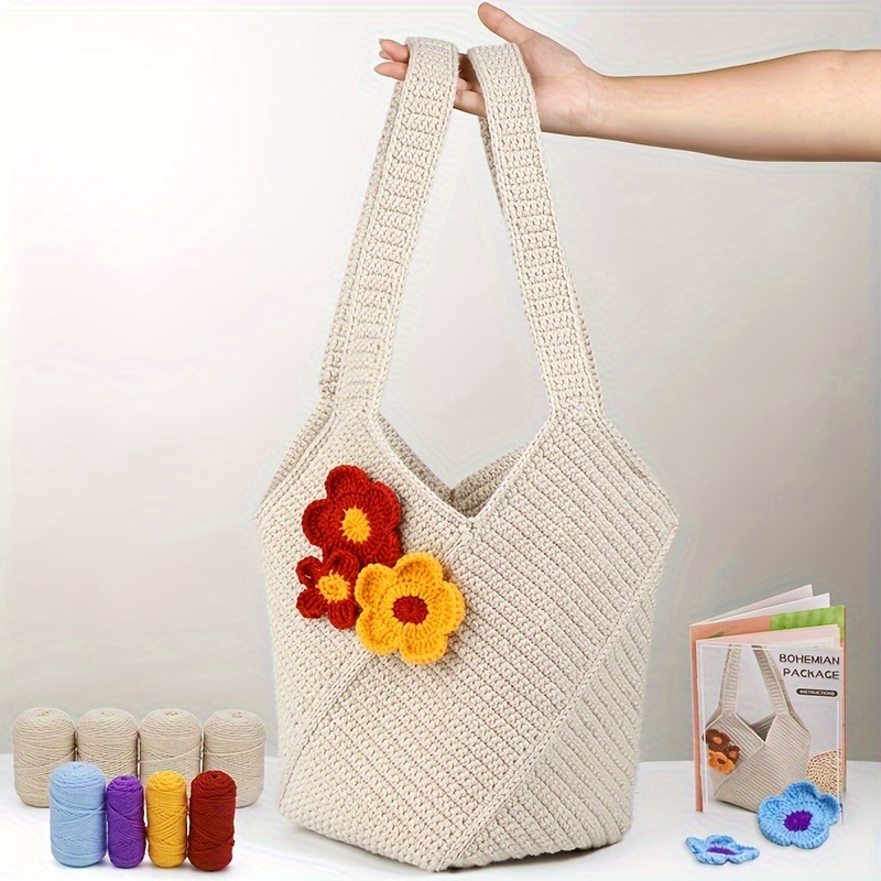 

Complete Crochet Shoulder Bag Kit For All Seasons - Fabric, Mixed Color, Includes Yarn, Hooks, Needle, Safety Pins, Manual, And Video Tutorials For Beginners