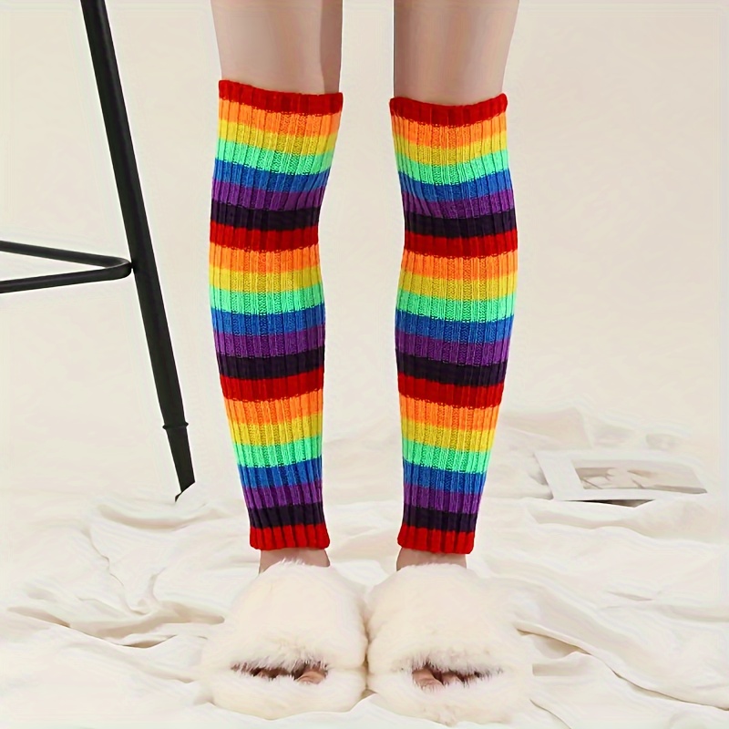 TEMU Autumn/winter Style: A Pair Of Colorful Striped Chunky Socks, Versatile Over-the-knee Socks, Women's Long Socks And Hosiery, Neon Sock Sets For