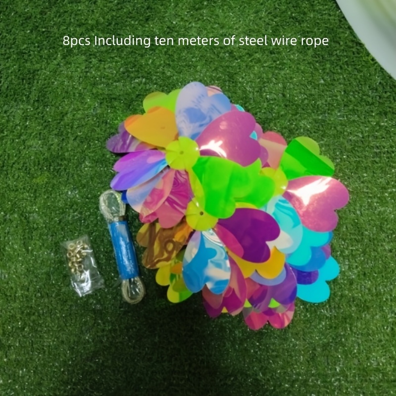 E-shop 8er-Set bunte Windmühlen | Mehrfarbige Gartendekoration aus Kunststoff für Draußen, Drinnen und festliche Anlässe, inklusive 10m Stahlseil zum
