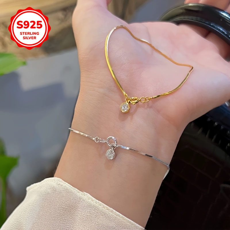 925 Silver Round Pendant Bracelet with Zirconia Snake Bone Chain