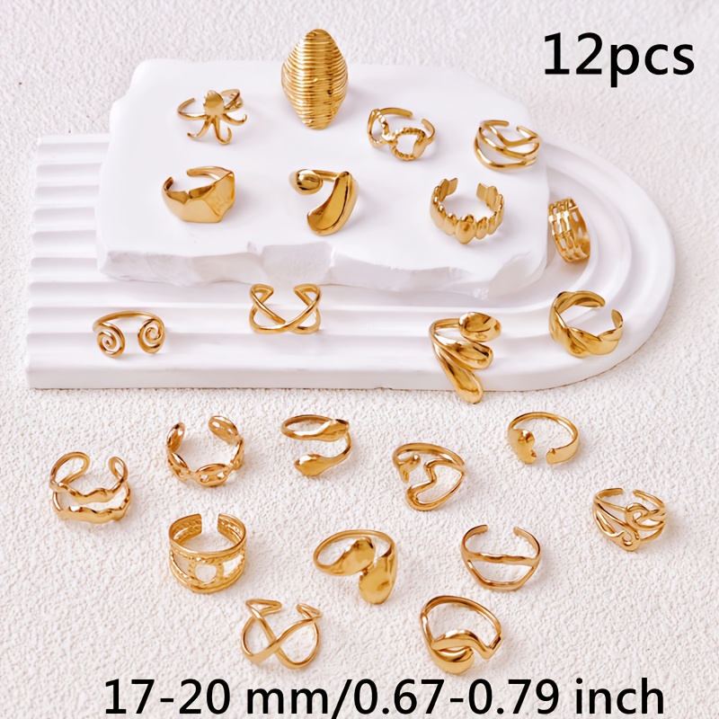 TEMU Vente en gros lot de 12 pièces/ Bagues empilées tendance pour femme, bague rétro bohème pour homme et femme, couleur dorée, taille 17 mm, en