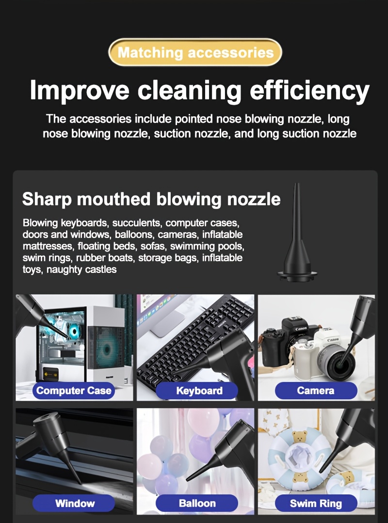 Aspiradora inalámbrica con tres funciones: succión, aspiración y soplado. Alta potencia, larga duración de batería, ideal para limpiar polvo, residuos y pelo de mascotas en casa o coche, incluye accesorios adicionales