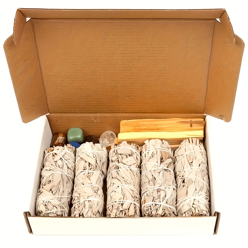 E-shop Salbei Reinigungsset, 5 Weiße Salbei Räucherstäbchen, 2 Stück Heiliges Holz, 7 Chakra-farbige Synthetische Edelsteine | Handgefertigte