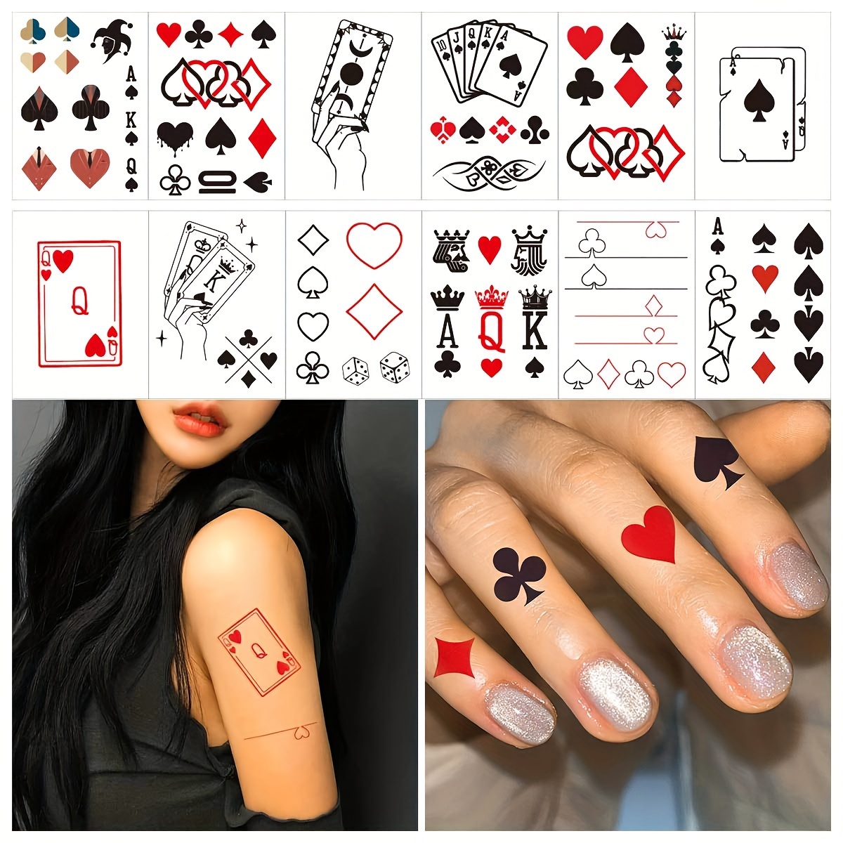 

12-piece Waterproof & Sweatproof Poker Card Temporary Tattoos - Semi-permanent, Realistic Body Art Stickers For Parties & Festivals