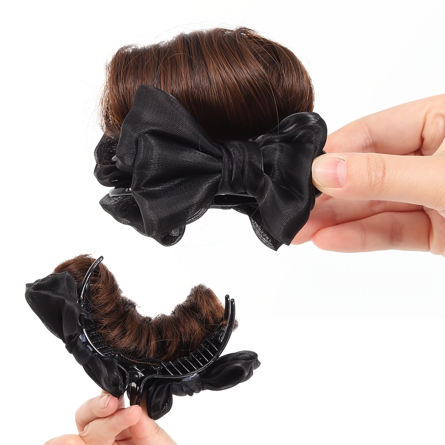 TEMU 【新商品】合成ヘアお団子クロークリップ リボン ふわふわウィッグ ヘアクリップ 黒い蝶結び お団子ヘッドウィッグ ヘアアクセサリー