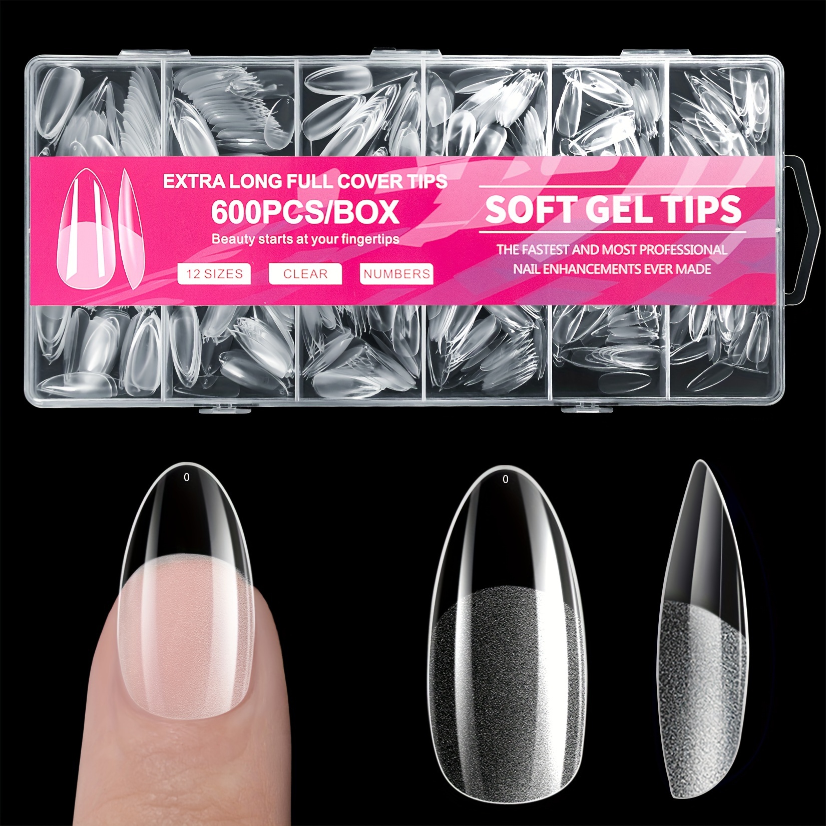 TEMU 600pcs Almond Nail Tips, Tips Clear Half Matte Fake Nails Full Cover Acrylic Nail Tips For Extension Nail Manicure Salon