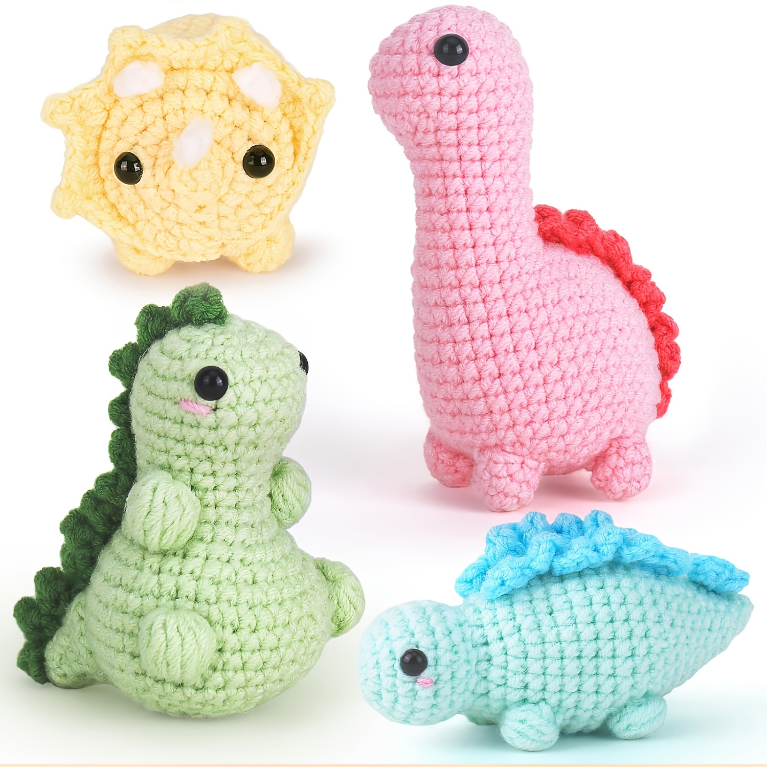 

4pcs Vioiv Amigurumi Crochet Kit, Dinosaur Keychain Set, Diy Handmade Animal Backpack Pendant, Fabric Craft, Beginner-friendly With Tutorial & Video, Perfect Gift For Desktop Decoration