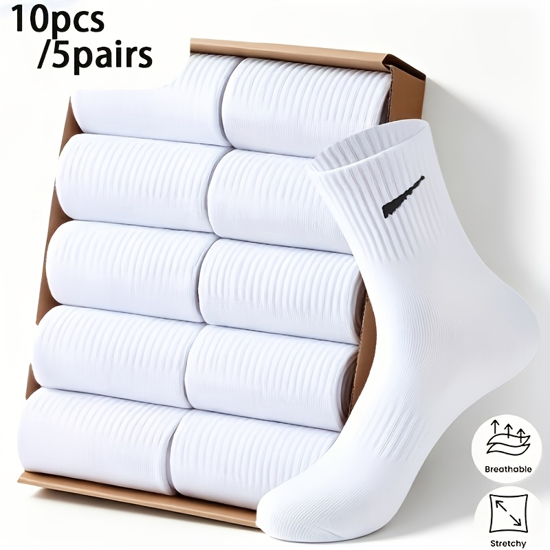 Image of 10pcs/5 Pairs Premium Men's Mid-calf Sports Socks, Comfortable For Spring, Summer, And Autumn, Simple Black And White Casual Business Socks