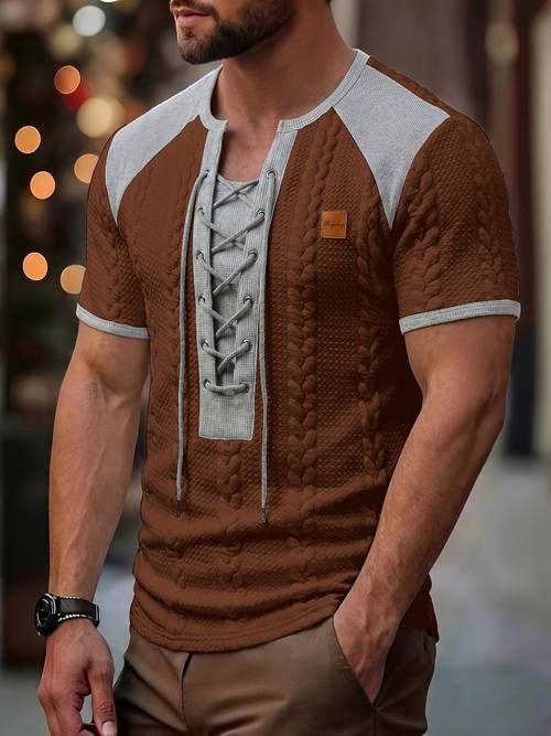 imagen del artículo camiseta henley para hombre royalboy - cuello de bloques de color y cuello con cordón perforado, y casual, adecuada para , fiestas, casual | camiseta henley lavable a máquina