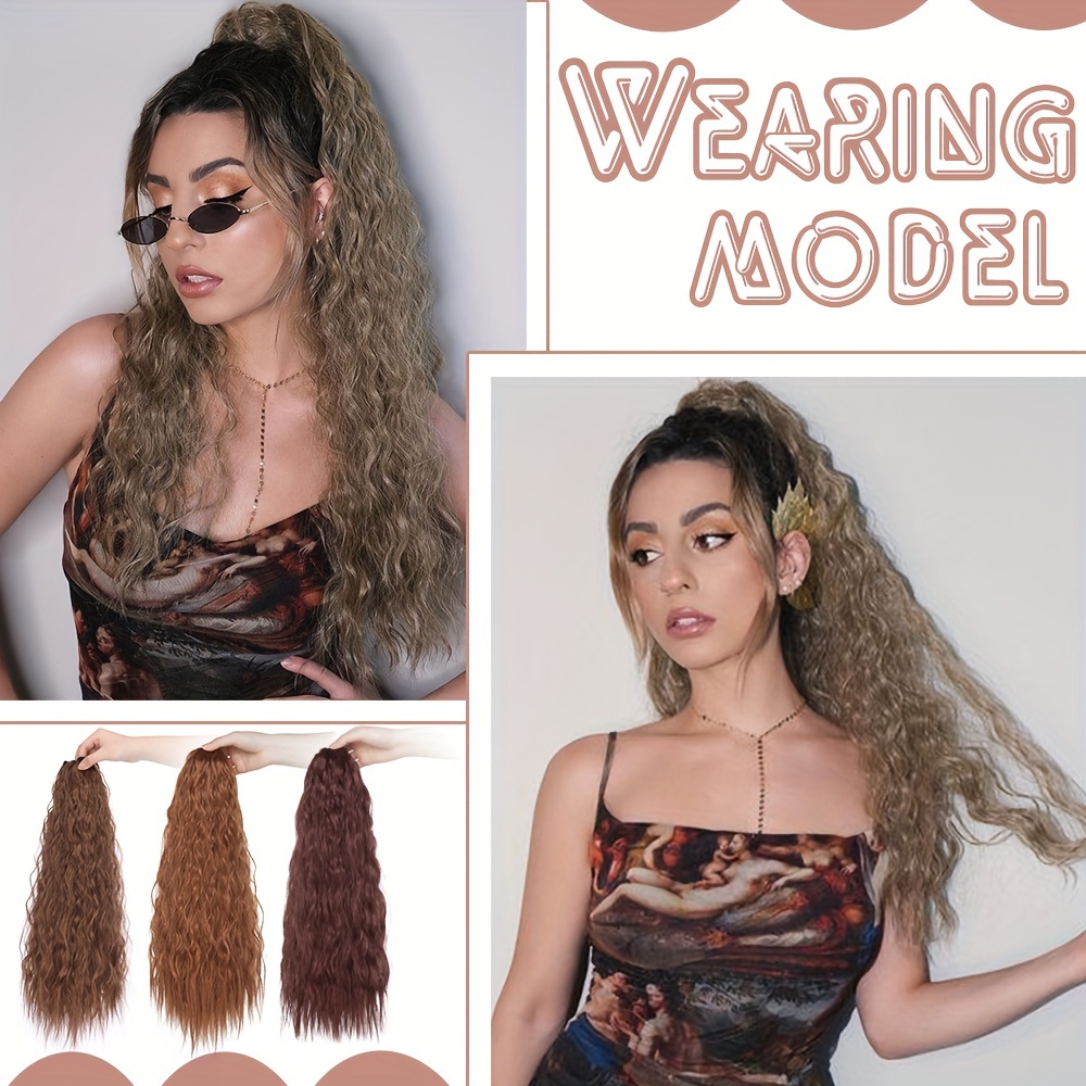 18inch 45cm long   corn wave ponytail hair extension synthetic drawstring afro curly wavy pony tail wrap around pony tails clip in hairpieces layered hairpiece   blonde highlight for women daily party halloween christmas use details 5