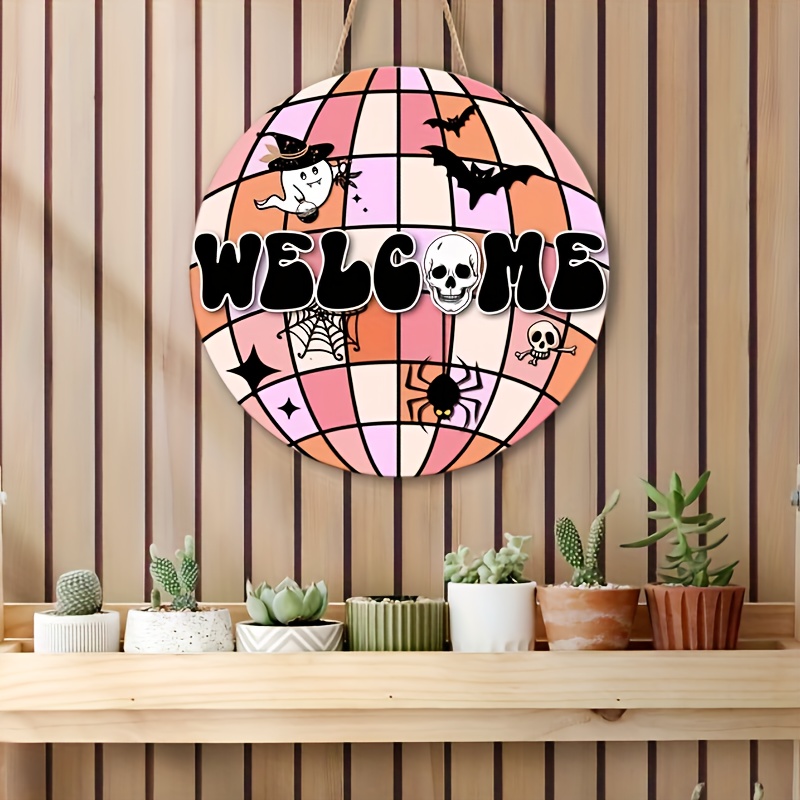 

Welcome Sign Wall Decor - Glam Manufactured Wood Door Plaque With Disco Ball Design, And Spooky Embellishments - No Electricity Needed, Festive And Christmas