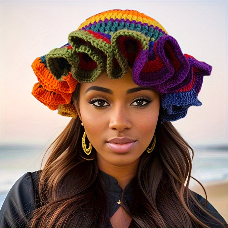 Handmade Crochet Rainbow Bucket Hat for Women 100 Acrylic Knit Ruffle Brim Unisex Funky Fringe Warm Winter Cap Lightweight Elastic Washable Ideal for New Year s Fashion Accessory