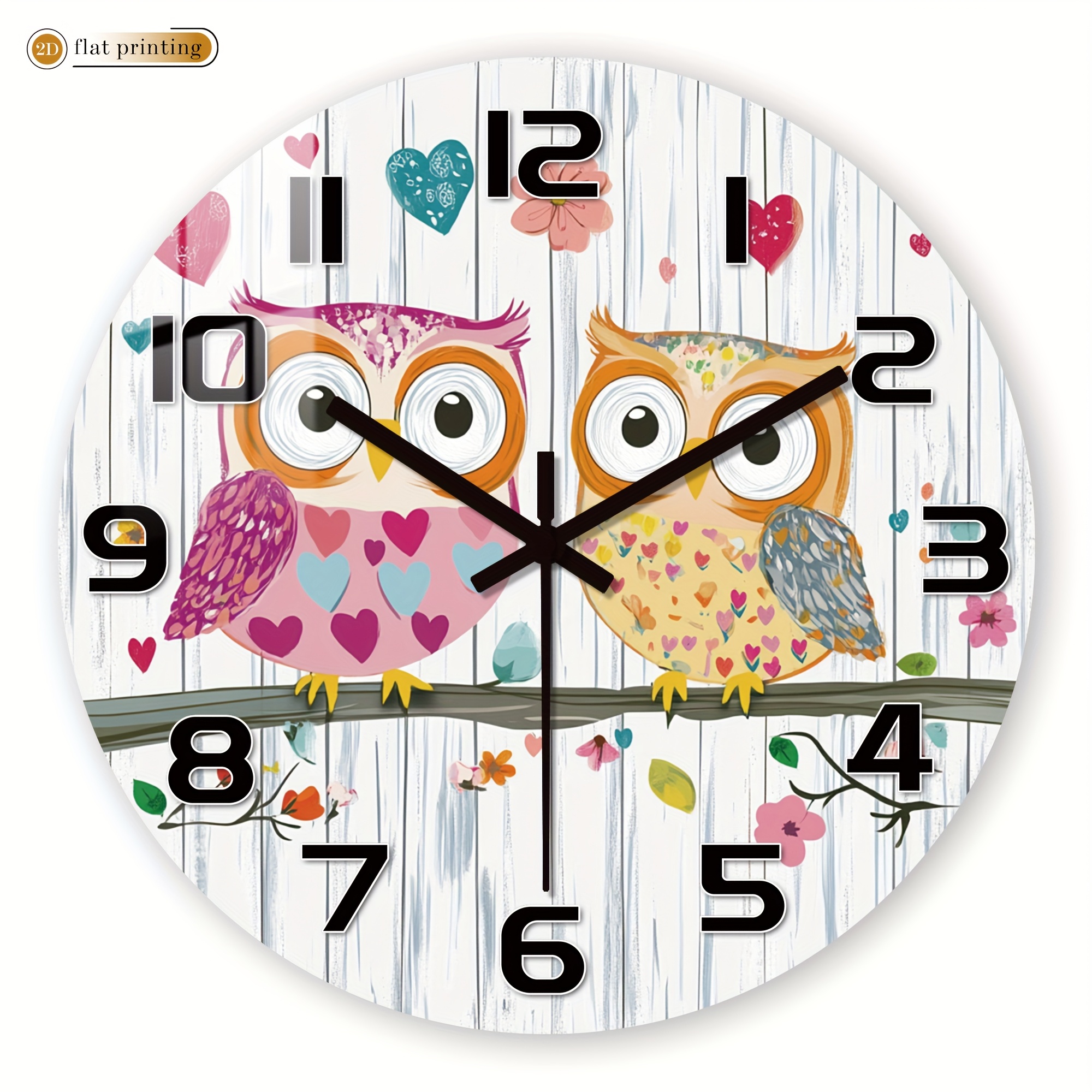 TEMU 1pc Wooden Clock, Animation Theme - Colorful Owl Heart, Battery Operated Round Silent Clock, Suitable For Living Room, Bedroom, Kitchen, Office
