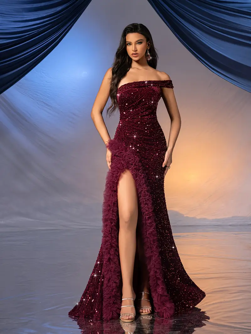 an elegant long dress one shoulder design featuring wine red - Temu an elegant long dress one shoulder design featuring wine red - Temu