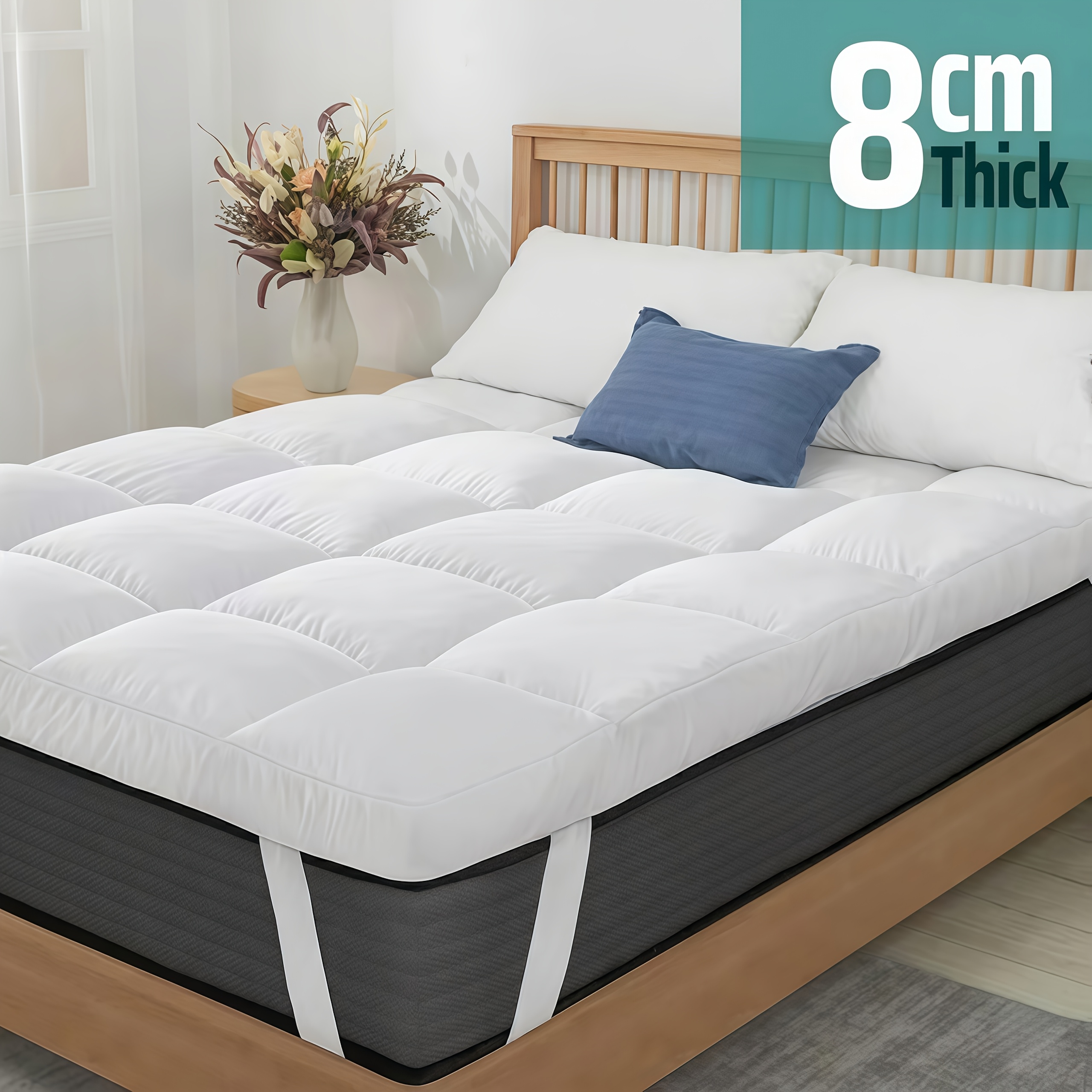 Image of 8cm 1000gsm Wave Quilted Mattress Topper - Plush Pillow-style Filling, Breathable & , Secure Elastic Corner Straps, Machine Washable, Ideal For Bedroom, , Dorm, Sofa Bed