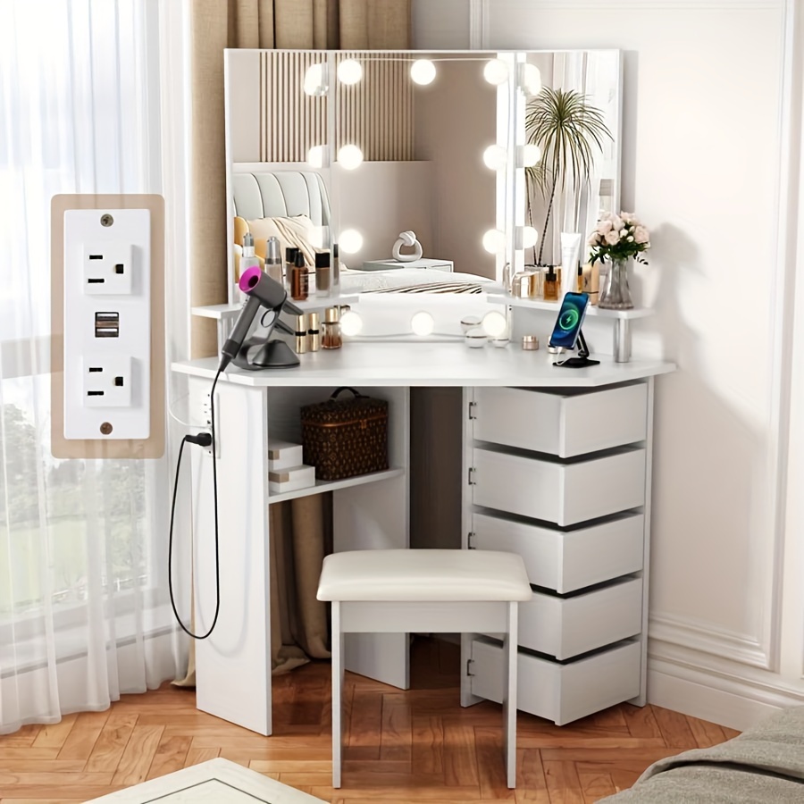 TEMU 42" Tri-mirror Corner Makeup Vanity Desk With Outlet, Lights, 5 Sliding Drawers Or Rotating Drawers, Come With Stool
