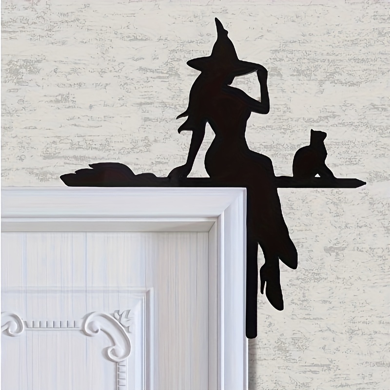 Image of A Gift Suitable For , 1pc, Halloween Door Corner Sign Decoration, Black Cat Riding Broom Halloween Gift Decoration, Acrylic Frame Corner Decoration, Frame Corner Decoration Wall Acrylic Sculpture