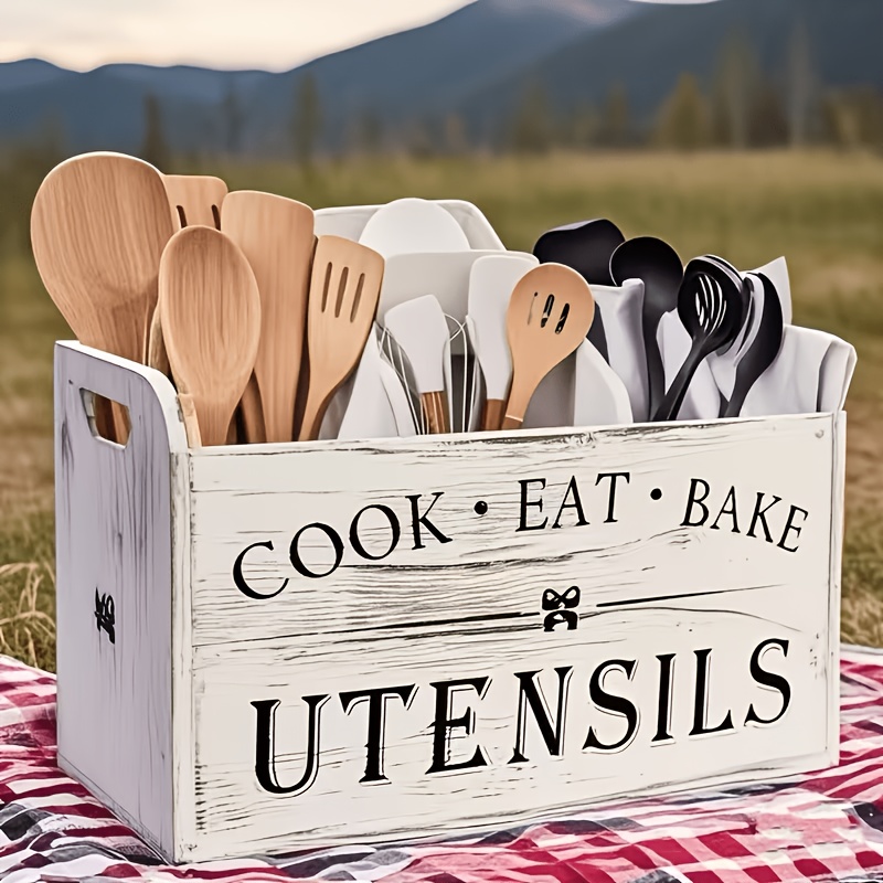 TEMU Extra Large Heavy-duty Natural Wood Utensil Organizer - 3-compartment Wall-mounted & Countertop Storage Box With Insertion Installation Suitable