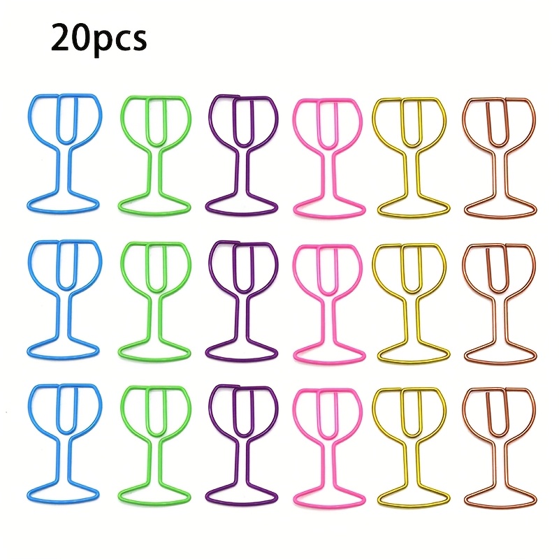 Image of 20pcs Of Wine Glass-shaped Paper Clips, Colorful Metal Clips For Organizing Office Documents And Stationery.