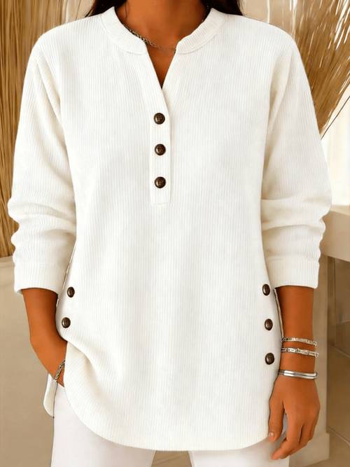 plus size plus size womens spring autumn vertical rib textured base layer top featuring a loose semi open neckline with side button length curved hem european long sleeve covers the hips and the figure