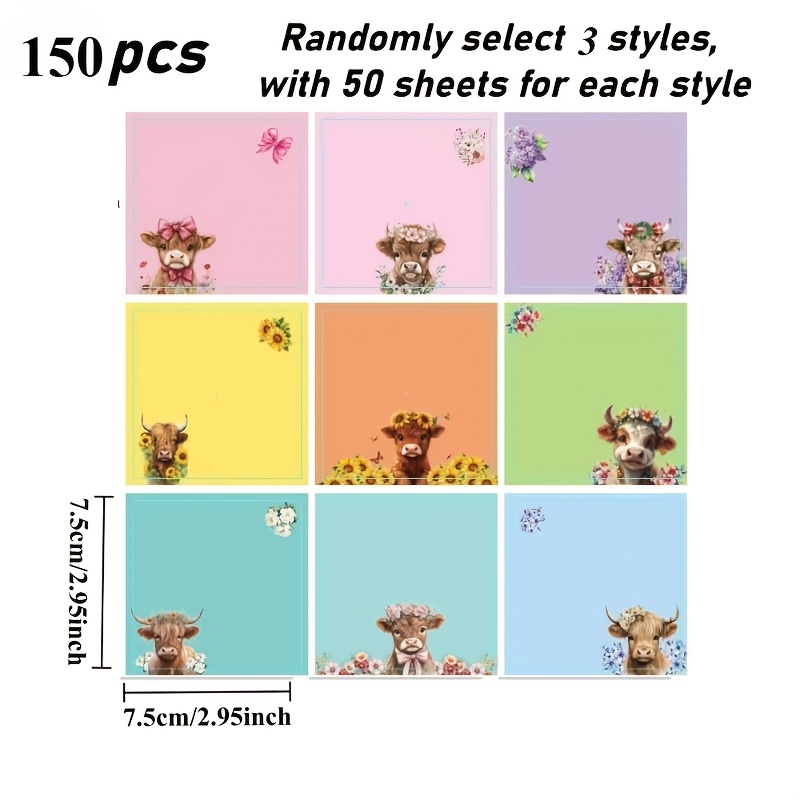 TEMU 100/150 Sheets Of Highland Cow Themed Sticky Notes (random 2/3 Patterns, Each Pattern Includes 50 Sheets), Message Stickers, Cute Cow Pattern