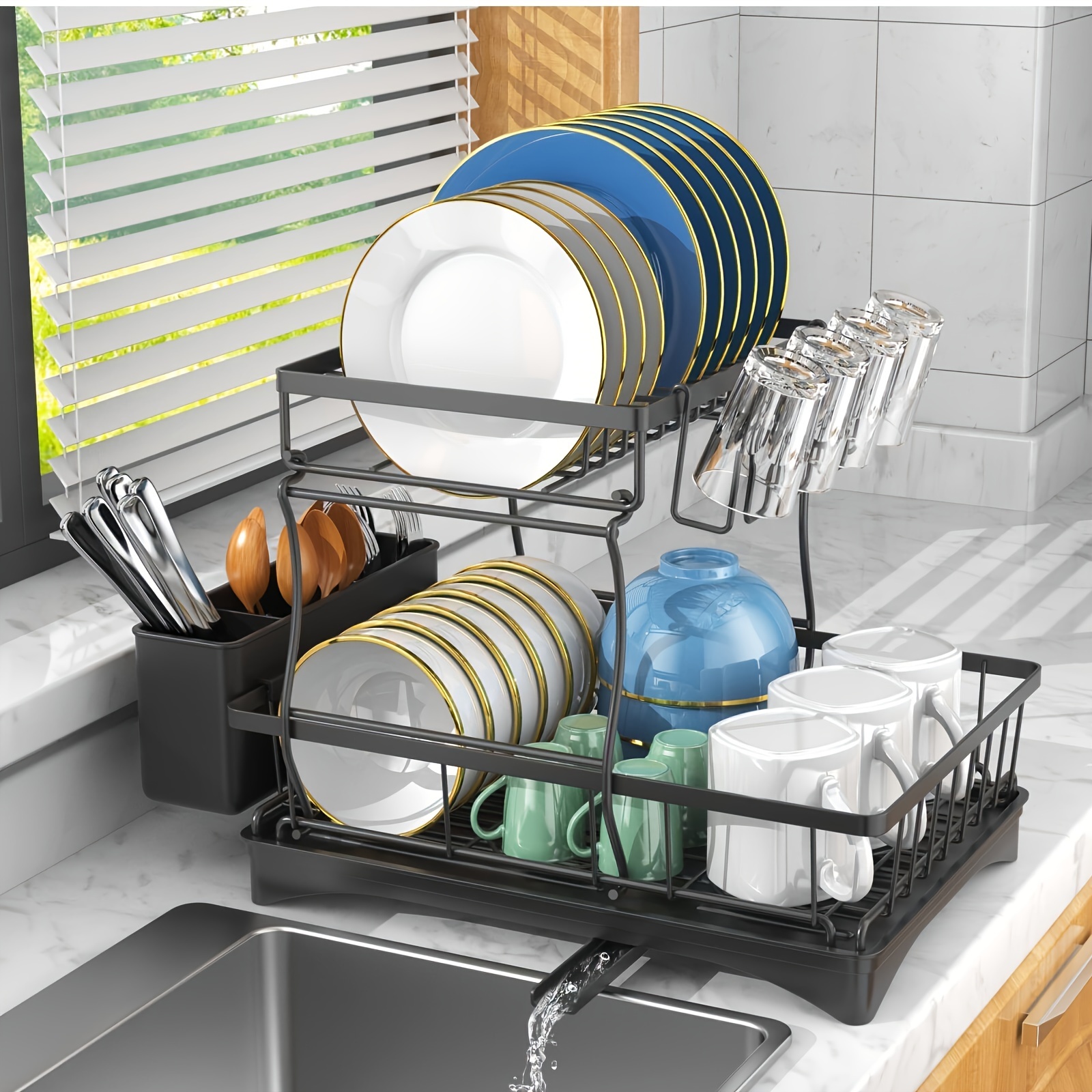 

Double Layered Dish Rack For 2-layer Kitchen Countertop, Dish Drying Rack With 360 ° Drainage, Dish Drainage Plate Set With Cutlery Rack And 4 Cup Holders, Dish Drain On Sink Drying Rack