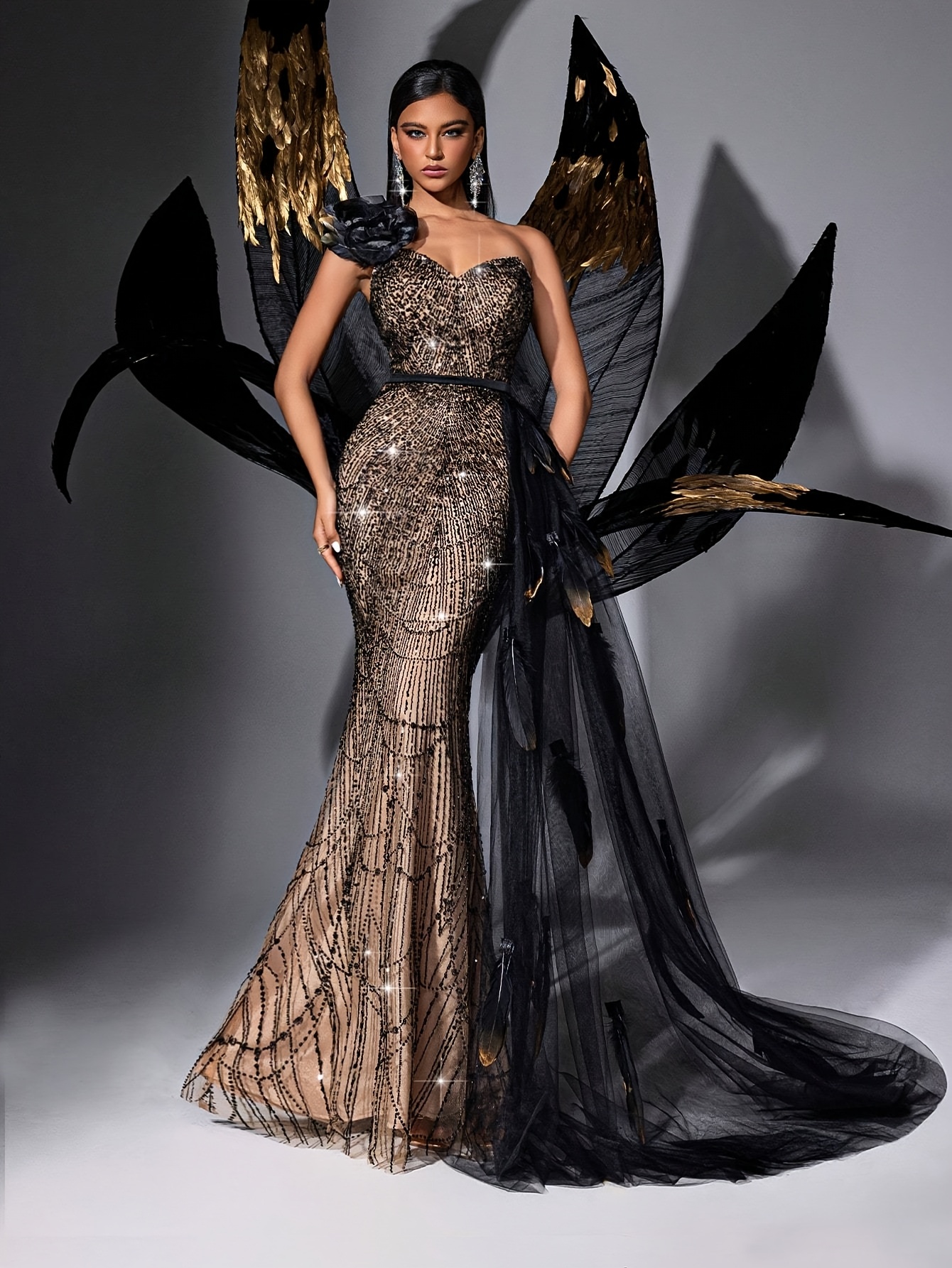 fashionable elegant womens black sequined fishtail dress - Temu