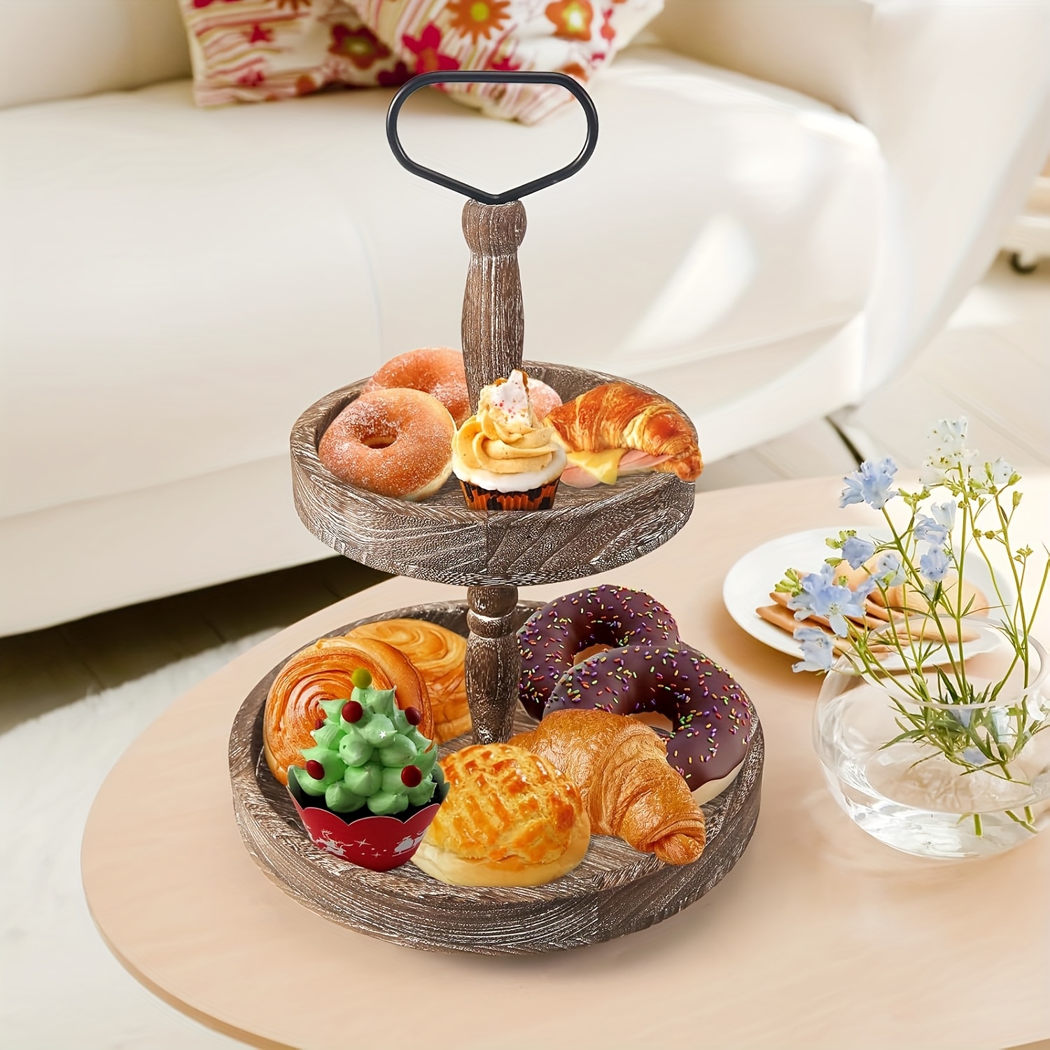 Rustic Farmhouse Wooden Two-Tier Tray Stand with Metal Handle – Round  Decorative Display for Home Kitchen Decor, Vintage Style Seasonal Accent,  - Main Image