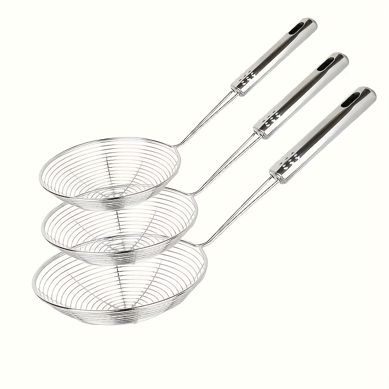 

3pcs Stainless Steel Spider Strainer Set, Metal Skimmers With Long Handles, Food-safe Skimming Spoons For Frying, Pasta, With Hanging Loop, For 30.51cm, 32.0cm, 35.0cm Kitchen Tools