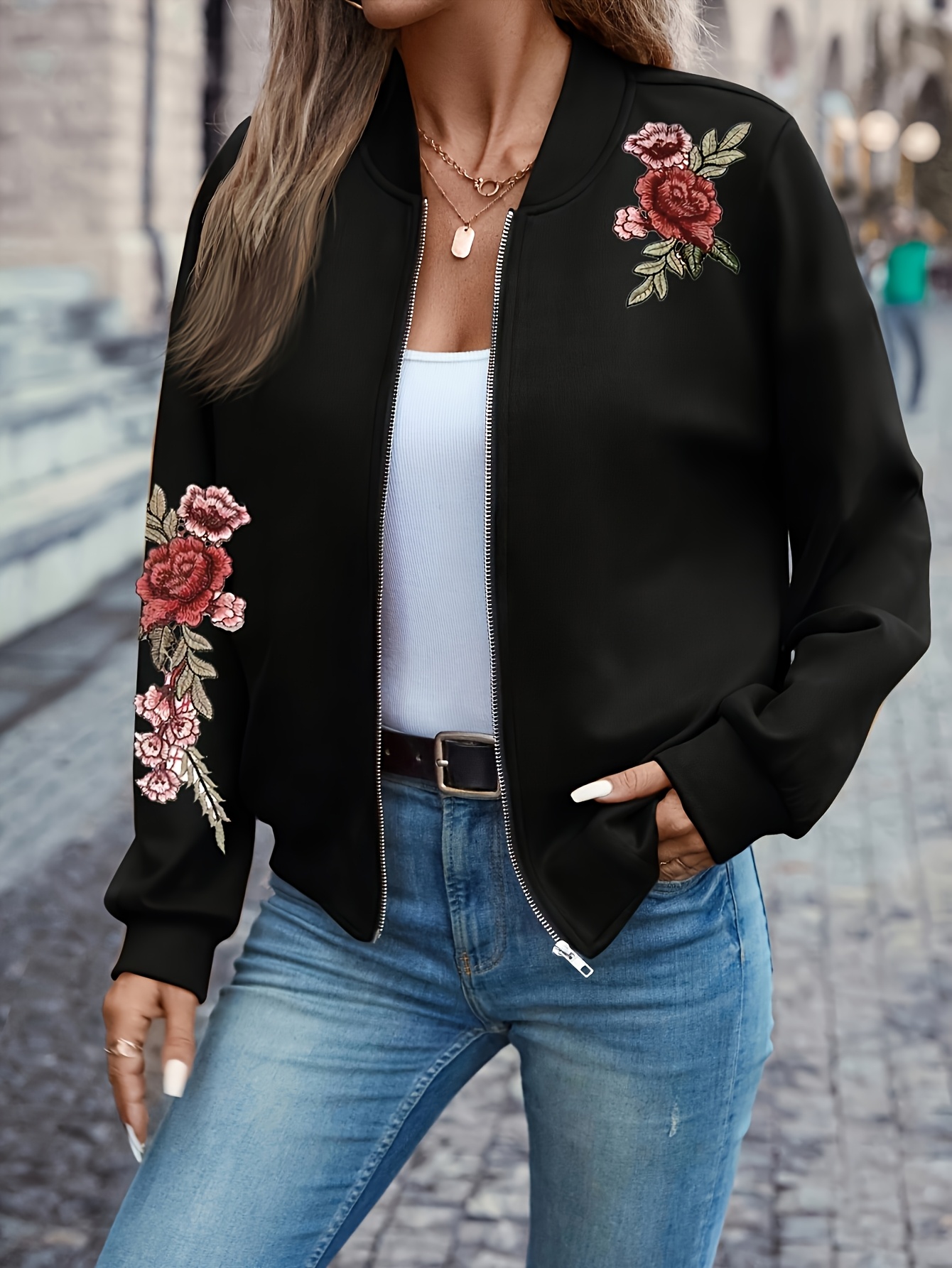 talla chaqueta floral bordada negra mujer cuello Temu Spain
