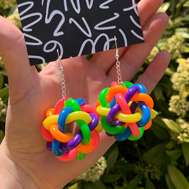 

1 Pair Of Rainbow Ball Dangle Earrings - Synthetic Rubber With Tassel Accents, Alloy Hooks, Ideal For Girls' Party Wear, Quirky Earrings