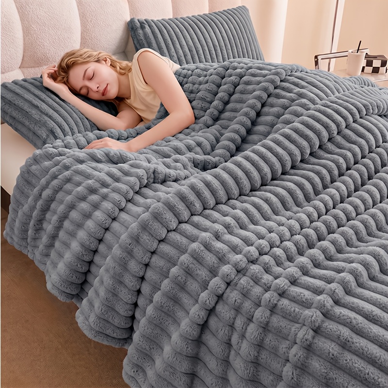 TEMU Soft Faux Rabbit Fur Blanket, Skin-friendly, . Stylish Striped Design Fits Sofas, Travel, Camping, Or Office Use. Machine Washable For , Ideal