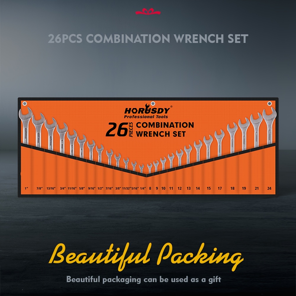 26pcs Metric & Imperial Combination Spanner Wrench Set with Roll-Up Pouch