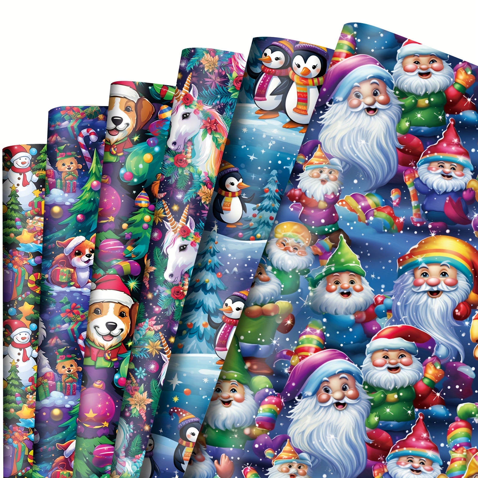 Image of 8/6pcs 20 X 28 Inch Cute Christmas Wrapping Paper Retro Santa Claus Snow Scene Animals 6 Designs Xmas Folded Flat For Holiday Party Celebration