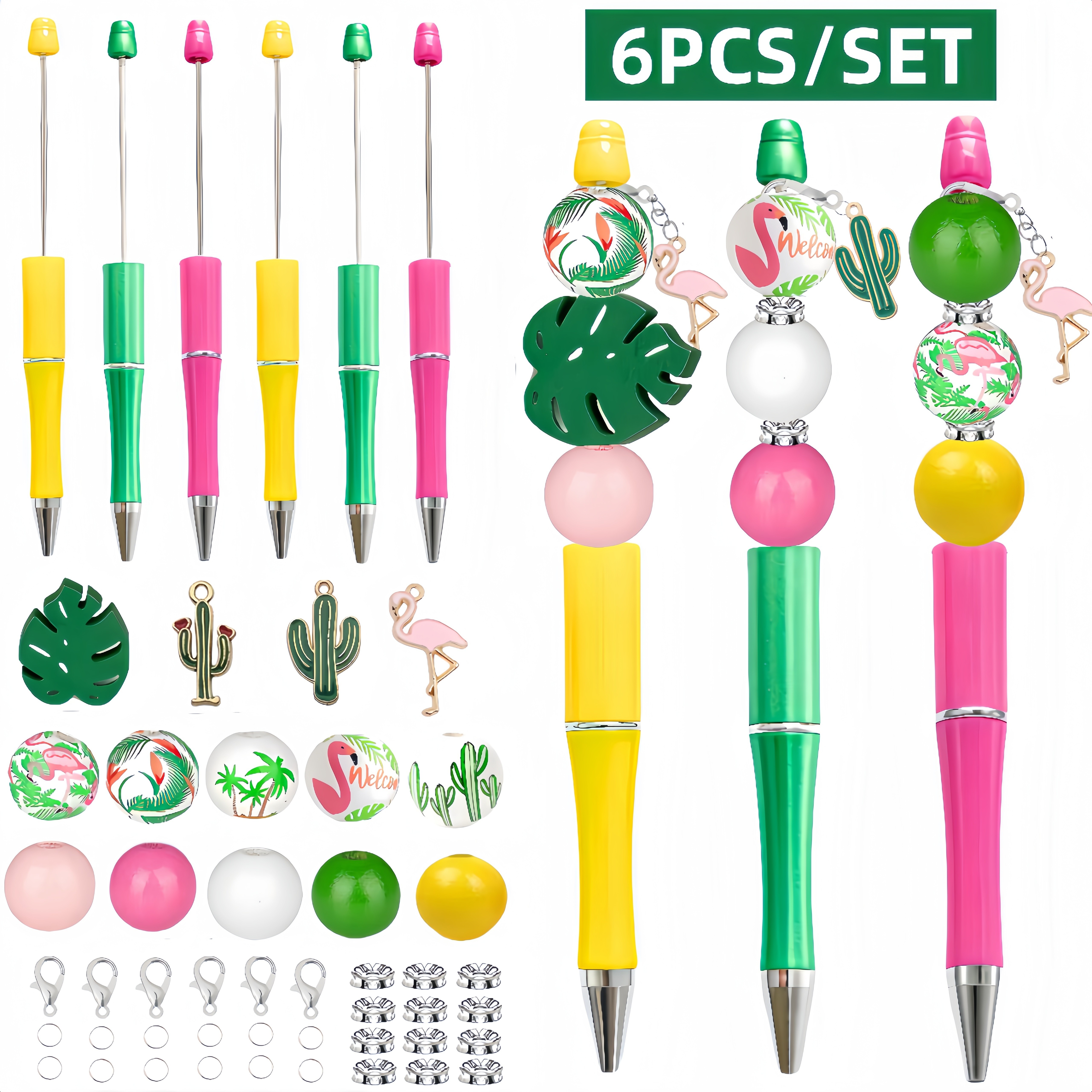 

Flamingo & Tropical Themed Ballpoint Pen Set - 6 Pcs, Diy Beading Kit With Alloy Charms & Wooden Beads, Medium Point, Plastic Twist Pens, Creative Gift For Adults - Office & Party Supplies