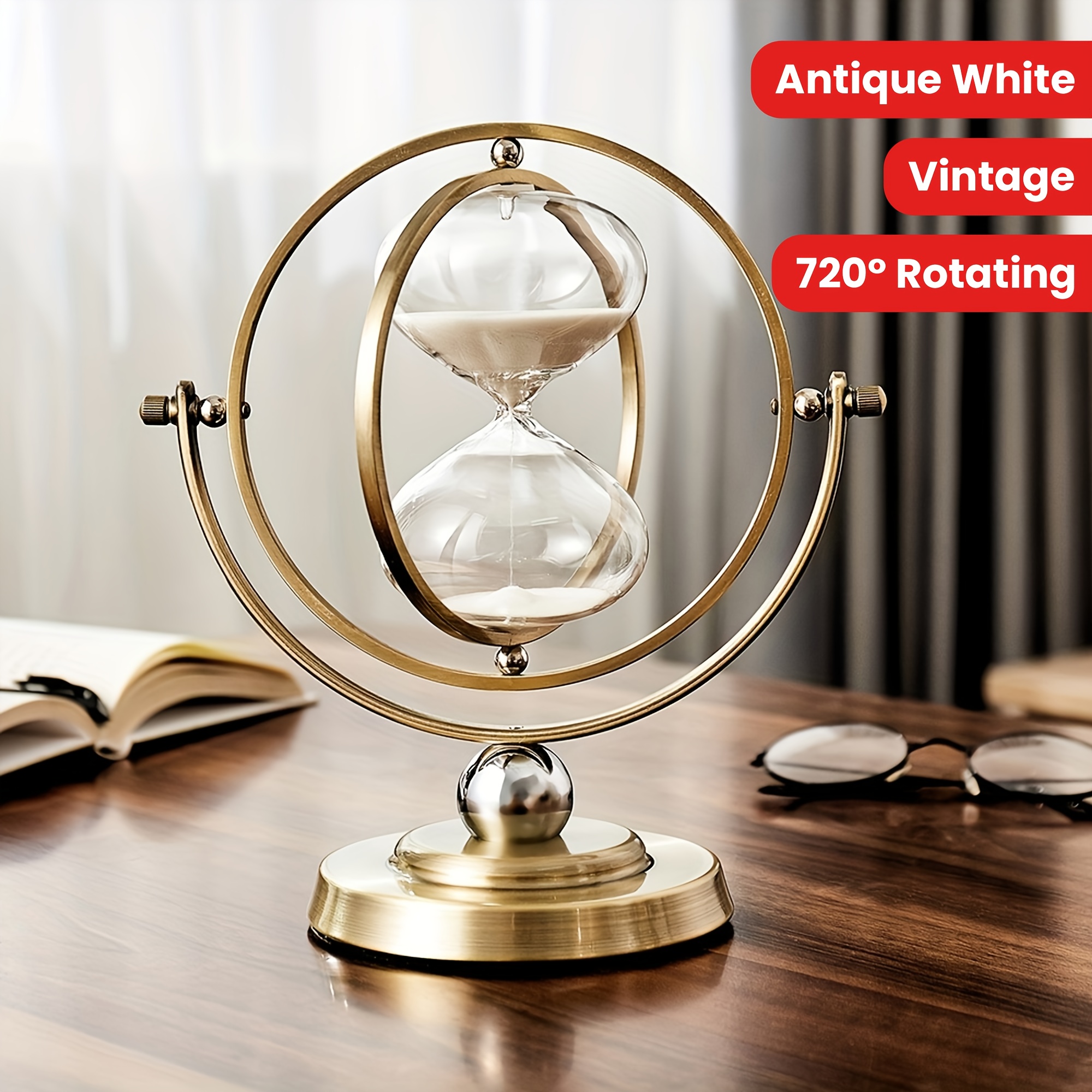 1pc hourglass 30 minute sand timer 720 rotating vintage white sand clock vintage sand watch 30 min metal half hour glass   for office desk home wedding decor office desk accessory elegant decor decorative hourglass   Product details 3