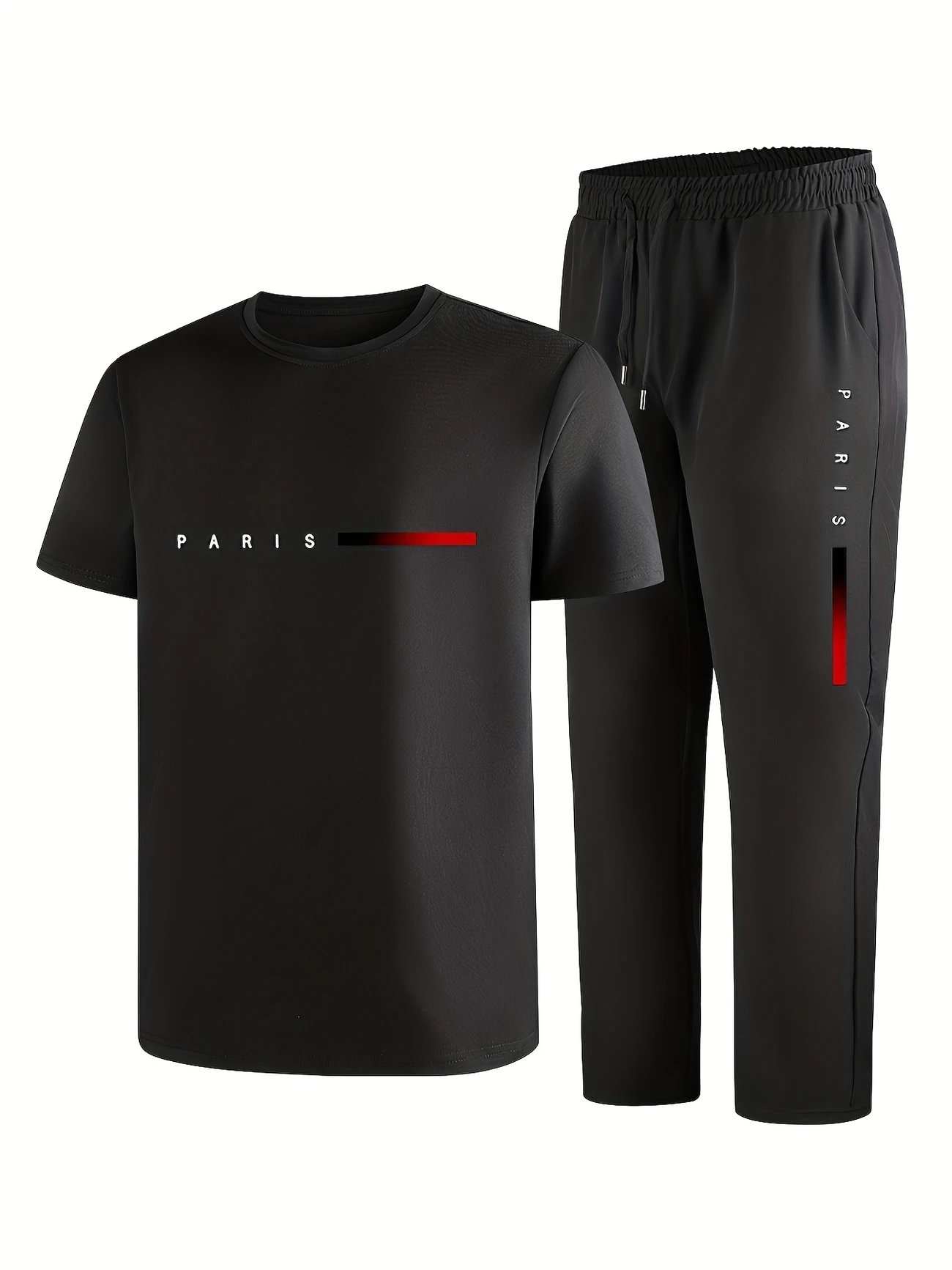 mens casual sports two piece set short sleeve top straight leg pants with paris print fashionable and trendy ideal for summer parties casual and everyday wear short sleeve top print trousers details 31