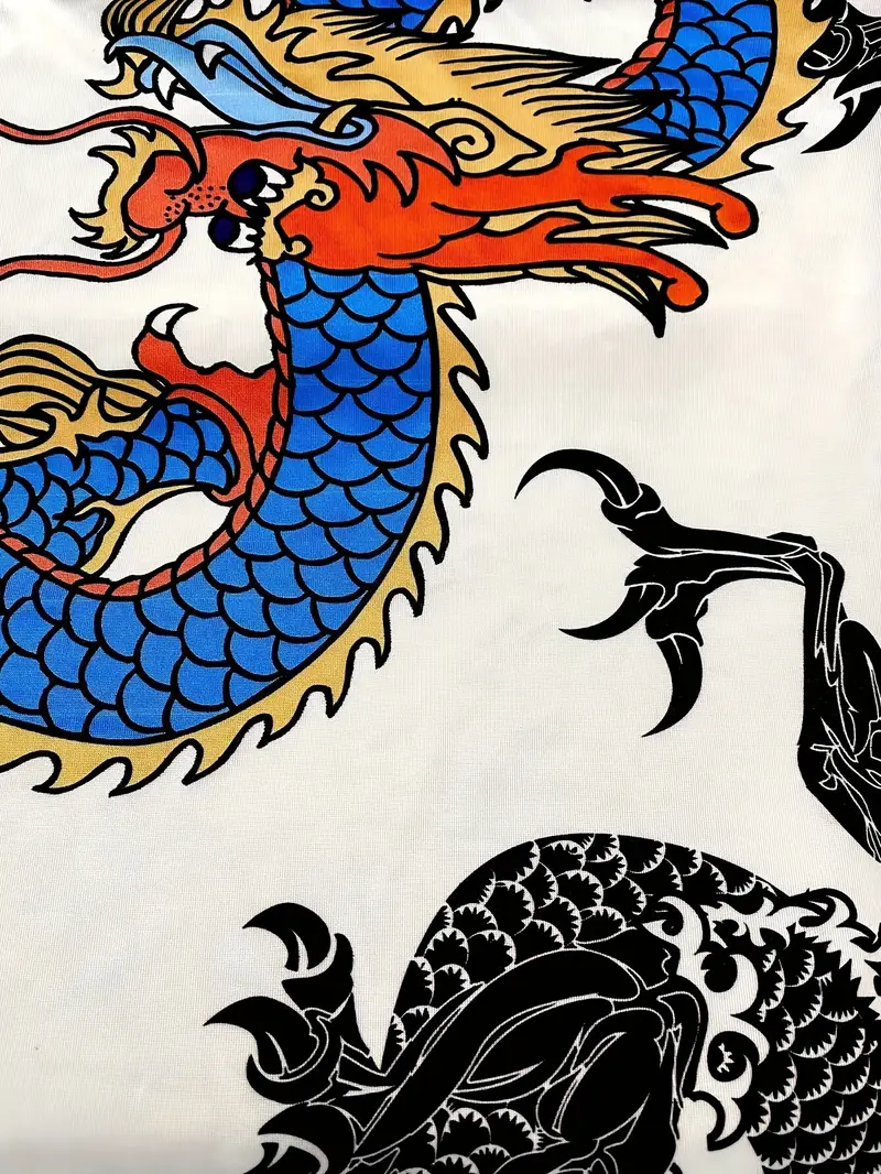 Elegant Women'S Dragon Print Dress - Summer Short Sleeve, V-Neck, Stretchy Mini Dress with Traditional Chinese Design, White & Blue Dragon Pattern, Pe Elegant Women'S Dragon Print Dress - Summer Short Sleeve, V-Neck, Stretchy Mini Dress with Traditional Chinese Design, White & Blue Dragon Pattern, Pe