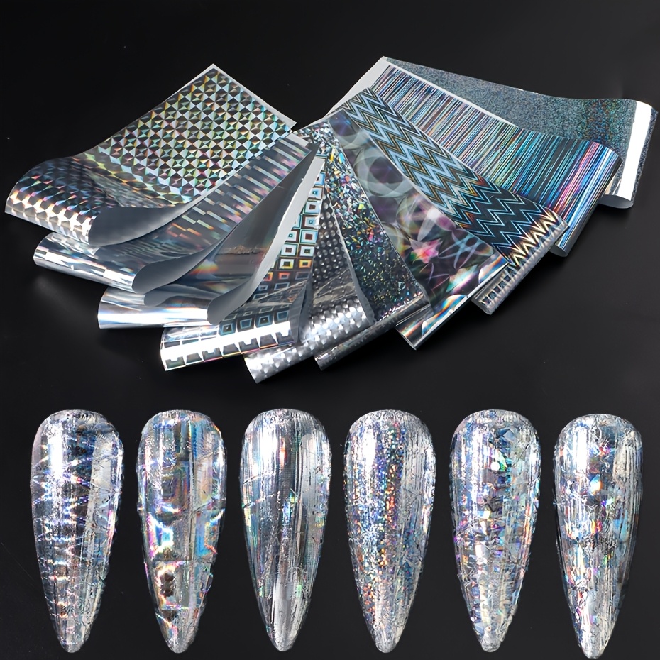 10pcs Holographic Chrome Silvery Nail Art Foil Transfer Nail Stickers Metallic Mirror Iridescent Rainbow Geometric Aurora Foils Nail Art Decorations Manicure Additions