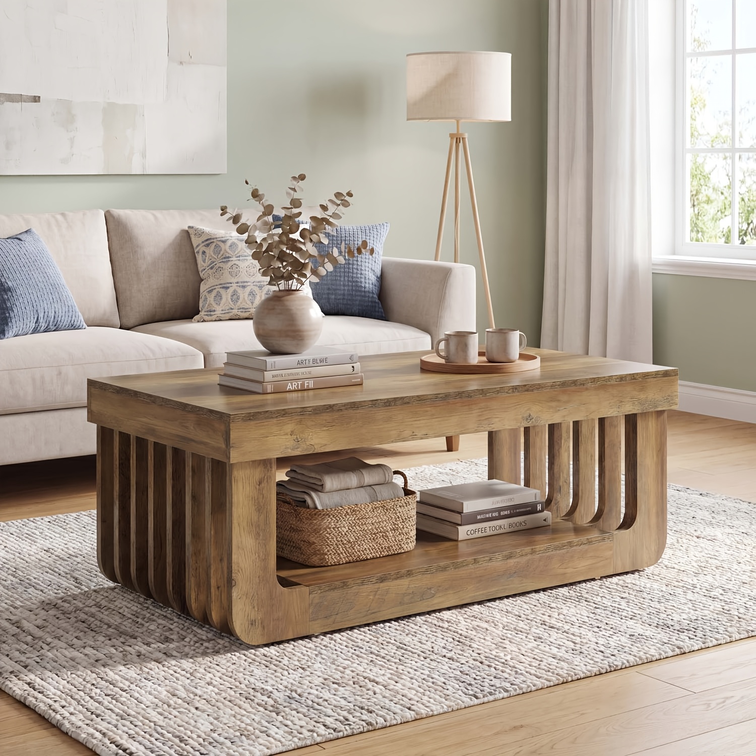TEMU Tables Basses pour Salon, 47 pouces de Largeur, Table d'Appoint Rectangulaire à 2 Niveaux en Bois avec Étagère de Rangement, Grande Table de