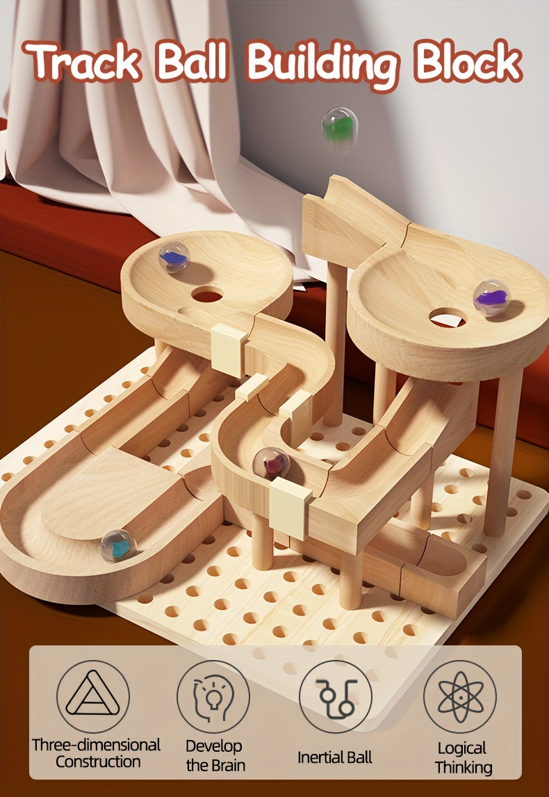 儿童轨道滚珠积木玩具，木质拼装弹珠管道滑道玩具，动手能力&逻辑思维训练，益智玩具，生日万圣节礼物给男孩女孩 详情 0