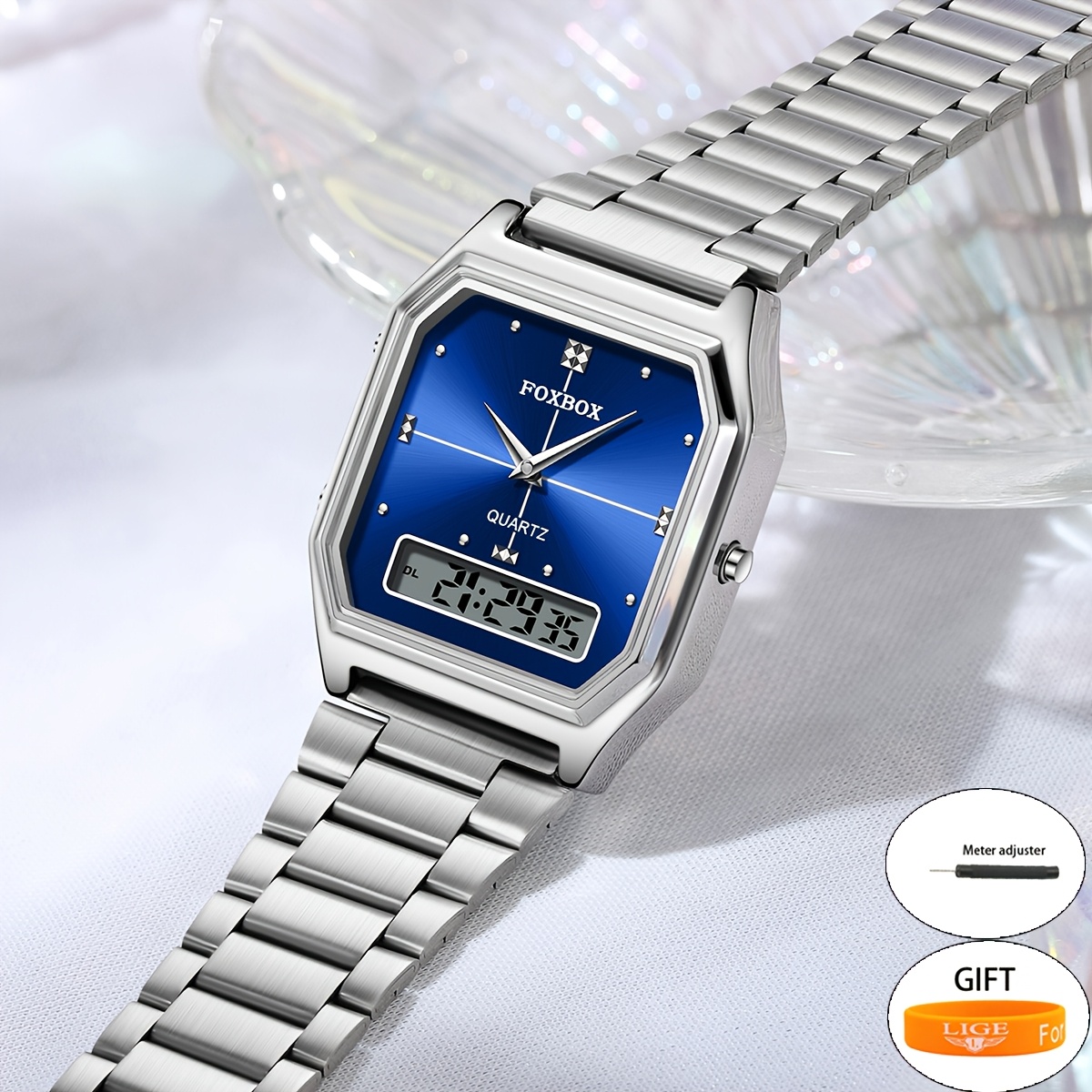 Lige Retro Women's Watch, Luxury Square Stainless Steel Strap, Digital Quartz Watch, Minimally Casual Women's Watch, Women's Gift, Men's Gift, With Ring, Men's Watch Set