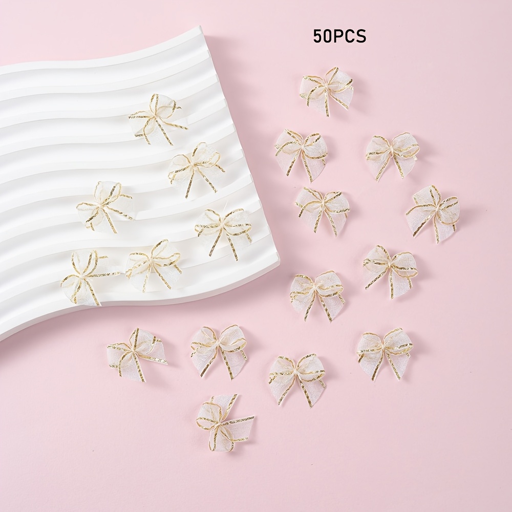 TEMU 50pcs de Ruban en avec Bords Dorés, Mini Nœuds pour Lingerie, Chaussettes, Chapeaux, Décorations de Boîtes Cadeaux, Nœuds Semi-Transparents,