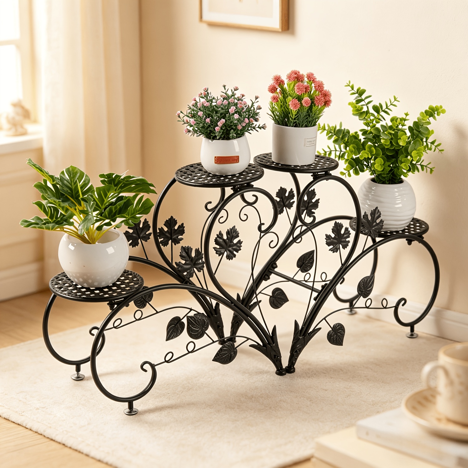 TEMU 2pcs Black Metal Plant Stand, 4 Tier Iron Flower Display Shelf, Garden Patio Planter Rack, Flower Pot Holder Storage With Non-slip Foot Pads,