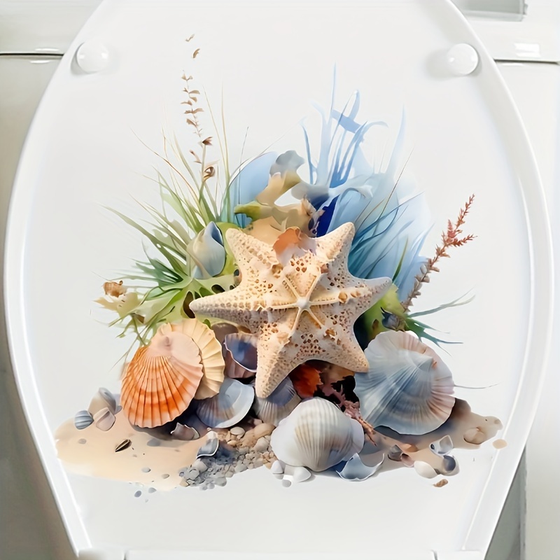 

Summer Beach Starfish Shell Toilet Lid Decal Set, 1pc - Self-adhesive Ceramic Seat & Tank Sticker, Single-use, Semi-glossy Finish, Square Decor With Ocean-inspired Embellishments For Home Bathroom