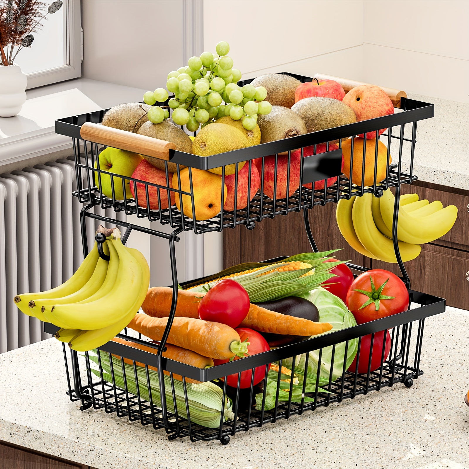 

1pc 2-tier Countertop Fruit Vegetable Basket For Kitchen With Wood Handle And 2 Banana Hangers, Detachable Organizer For Bread Vegetable, Large Capacity Storage Stand, Black