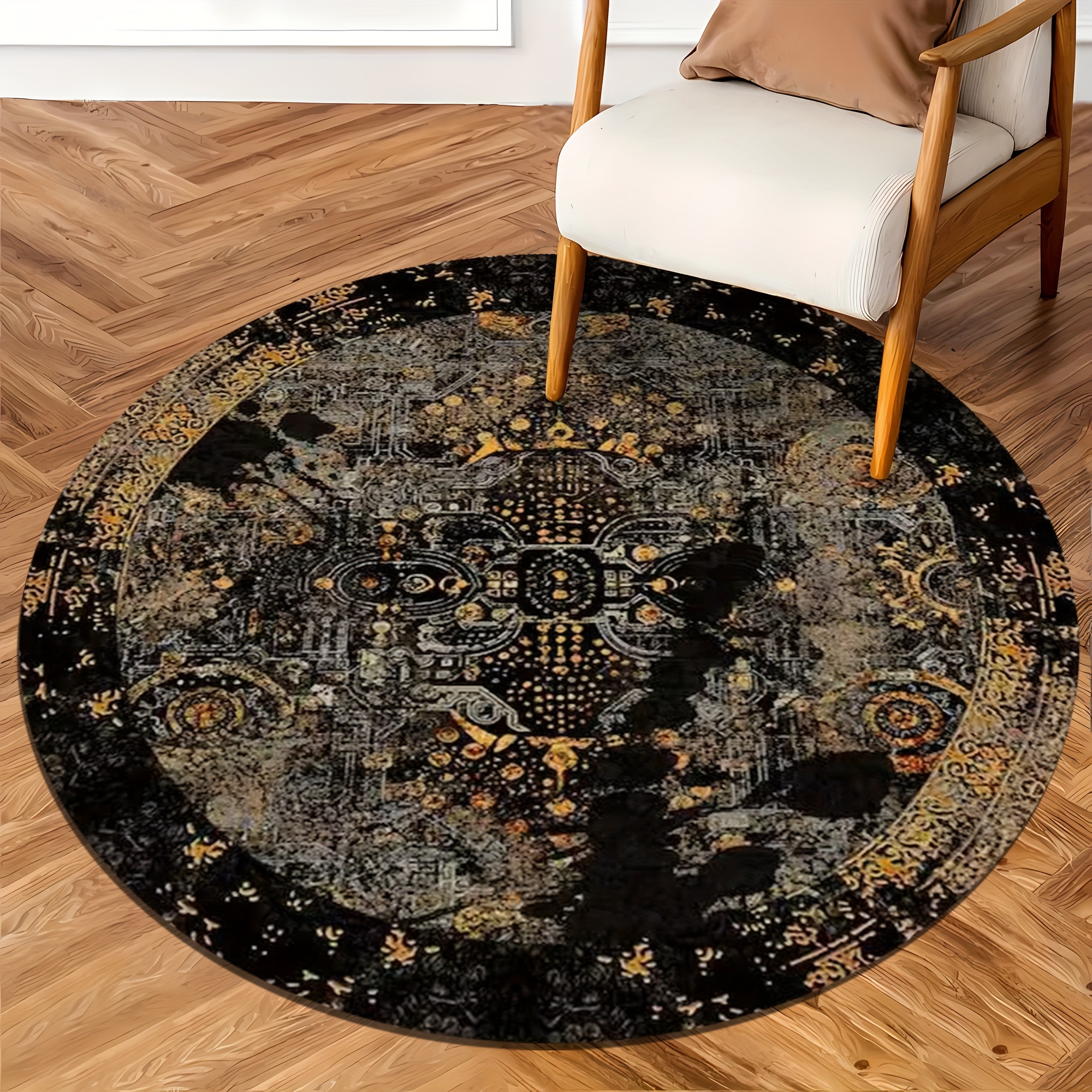 

Vintage -style Geometric Round Area Rug - Stain Resistant, Machine Washable Polyester, Lightweight & Soft Entryway, Bedroom Floor Mat, Non-slip Memory Foam - Ideal Room Decor Under 2.16m²